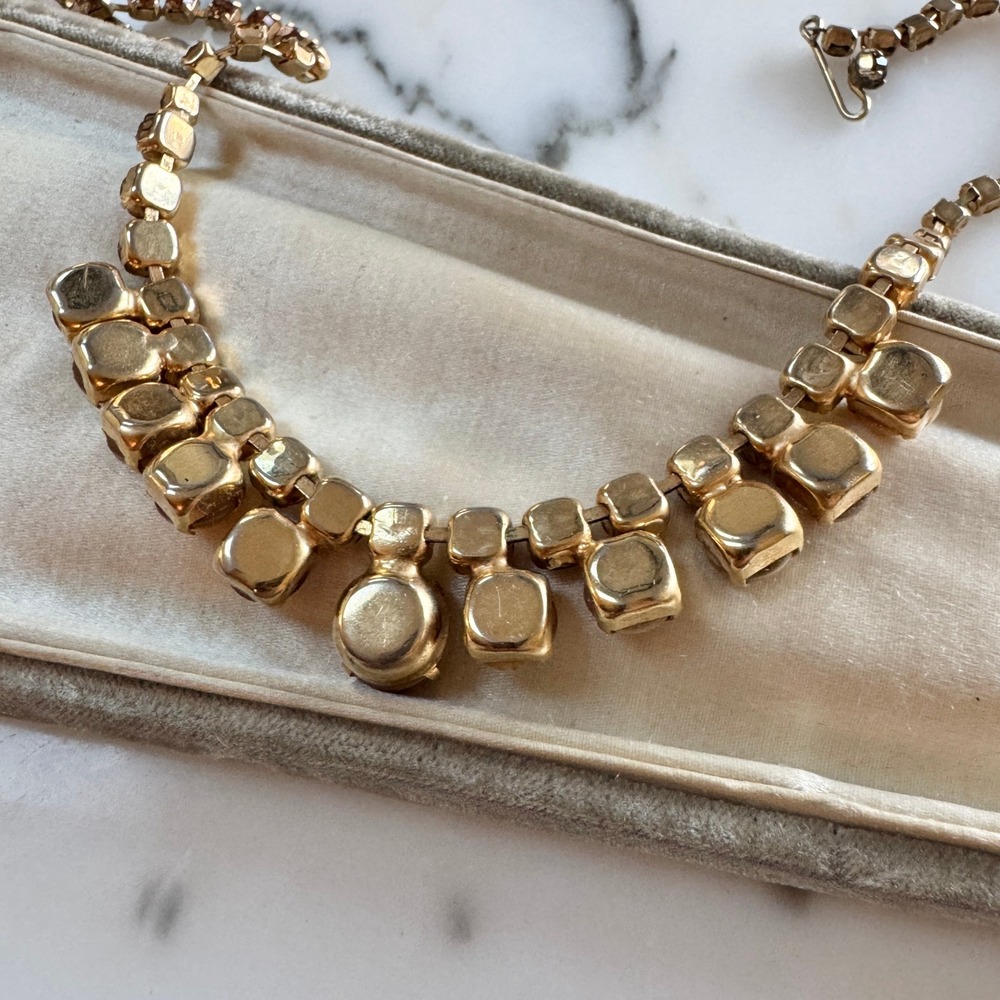 Vintage Rhinestone Statement Necklace‎ Butterscotch Smokey Topaz Amber Tone Glam - Picture 8 of 10